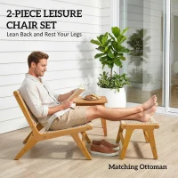 Outsunny Tuinloungestoel met voetenbank 2-delig FSC Acaciahout outdoor loungeset met rattan zitting, Boho-stijl, verstelbare poten(m-4)