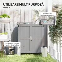 Outsunny Dulap de Grădină din Lemn de Brad, Căsuță pentru Depozitare Unelte de Exterior cu 2 Uși Blocabile, Blat Metalic și Raft, pentru Grădină, Terasă, Curte, 74x43x88 cm, Gri(m-4)