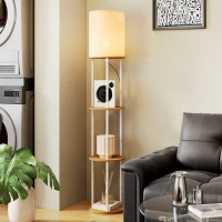 HOMCOM Lampă de podea cu rafturi cu 3 temperaturi de culoare telecomandă pentru living dormitor birou lemn natural(m-5)