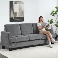 HOMCOM 3 Seater Sofa with USB Ports & Cup Holders - Grey(m-2)