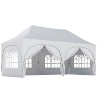 Outsunny 3 x 6m Pop Up Gazebo Shelter with Sides, 6 Sandbags, Peak Top Garden Party Tent Marquee with Carry Bag, Light Grey/White(m-1)