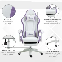Vinsetto Cadeira Gaming de Couro PU com Altura Ajustável Reclinável 135° e Apoio para os Pés Retrátil 65x65x121-129 cm Branco e Roxo(m-7)