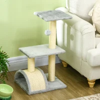PawHut Arbre à Griffer pour Chats Moyen 3 Niveaux avec Griffoir en Arche Plateformes Poteaux et Boule 40x35x72 cm Gris Clair(m-4)