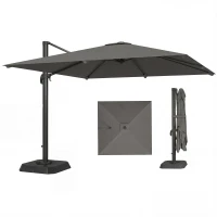 Outsunny Umbreluț de Grădină Suspendat cu Manivelă 3x3m, Inclinabil, cu Greutăți Umplibile, Rotativ 360°, Umbreluț Exterior Pătrat, din Aluminiu, pentru Terasă, Piscină, UV30+, Gri Închis(m-10)