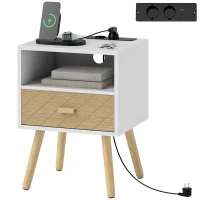HOMCOM Nachttisch mit Ladestation Schublade 2 AC-Steckdosen USB-Anschluss Typ-C Offenes Fach Holzbeine Weiß(m-6)