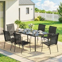 Outsunny Set de Grădină 7 piese din Oțel cu 6 Scaune Stivuibile din Textilenă și Masă de Cafea cu Blat din Sticlă, Negru(m-2)