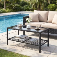 Outsunny Mesa de Jardín de Ratán Mesita Auxiliar con Estante Tablero de Vidrio Templado Estructura de Acero 92x50x45 cm Negro(m-9)