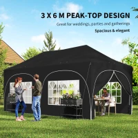 Outsunny 3 x 6m Pop Up Gazebo Shelter with Sides, 6 Sandbags, Peak Top Garden Party Tent Marquee with Carry Bag, Black(m-4)