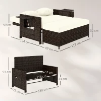 Outsunny Canapé-lit de jardin modulable en résine tressée bain de soleil 2 places dossier inclinable tablettes rétractables coussins intégrées crème + repose-pieds avec coffre de rangement chocolat(m-3)