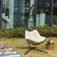 Outsunny Fauteuil suspendu de jardin - chaise hamac résine tressée avec matelas grand confort crème support acier époxy gris(m-9)