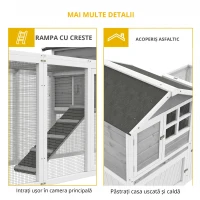 PawHut Adapost din Lemn pentru Iepuri  pentru Exterior cu 2 Custi si Zona Deschisa Imprejmuita cu Usi si Rampe, 259x64x92 cm, Gri(m-4)