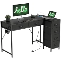 HOMCOM Birou de Colț Reversibil cu Prize de Curent și Porturi USB, 126 x 48 cm, Birou în Formă de L cu 6 Sertare din Material Textil, Cârlig Lateral, pentru Computer, Birou, Studiu, Acasă, Negru(m-10)