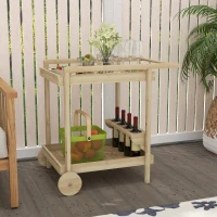Outsunny Desserte de jardin chariot pour plancha barbecue en bois avec poignée 2 plateaux et porte-bouteilles naturel(m-10)