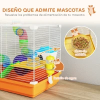 PawHut Jaula para Hámster con Túnel Cuenco Bebedero Casita Rampa Rueda de Ejercicio Bandeja Extraíble 46x30x37 cm Naranja(m-5)