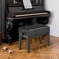 HOMCOM Banquette tabouret siège pour piano coffre intégré hauteur réglable bois hévéa assise revêtement synthétique noir(m-10)