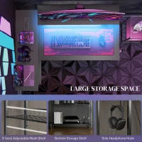 HOMCOM Biurko L-kształtne z LED, gniazdkami, USB, biurko komputerowe z półką, 107 x 80 x 90 cm, czarne(m-8)