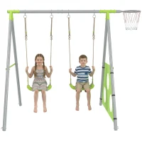 AIYAPLAY Gioco per Bambini 3 in 1 con Altalena da Giardino, Canestro e Porta da Calcio, 238x180x182 cm,, Verde e Grigio(m-11)