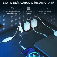 HOMCOM Birou Gaming Colțar cu LED, Prize Electrice, Suport pentru Monitor și Raft, Negru(m-5)