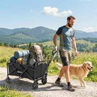 Outsunny Chariot de Jardin Pliable avec Roues Poignée Réglable Charge 68 kg pour Campagne Achat 81x45x89 cm Noir(m-2)