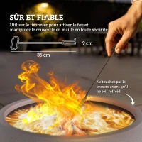 Outsunny Brasero cheminée foyer extérieur rond à bois en métal tisonnier pare-étincelle grille et poignée diamètre 45 cm gris(m-5)