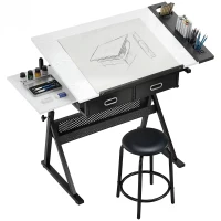 HOMCOM Masă de desen cu taburet și 2 sertare, înălțime reglabilă, blat înclinabil 0° à 60°, 120 x 60 x 68-92 cm, alb(m-5)