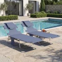 Outsunny 5-Position Adjustable Sun Loungers Set of 2 with Reading Hole and Side Pocket, Grey(m-8)
