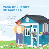Outsunny Casita de Madera Infantil con Puerta Ventanas Jardineras y Repisas con Detalles de Color 114x126,4x135 cm Azul(m-4)