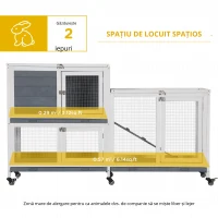 PawHut Cușcă de Lemn cu Roți 147x45,5x88,5 cm Jaulă pentru Iepuri de 2 Etaje cu Acoperiș Deschis 2 Curți din Metal 3 Tăvi Detașabile 3 Uși cu Sistem de Închidere și Rampă Gri(m-7)