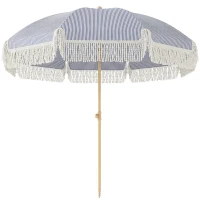 Outsunny 1.7 m Beach Umbrella with Sand Anchor, 30° Tilting Fringed Beach Garden Parasol with Adjustable Height, Blue(m-11)