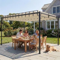 Outsunny Pérgola de Jardim 3x4 m com Proteção UPF50+ Gazebo com Teto Ajustável Estrutura de Metal para Exterior Branco Creme(m-10)