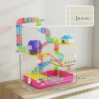 PawHut Jaula de Hámster con Túnel Plataformas Cuenco Bebedero Casita Rampas y Rueda de Ejercicio 46x30x58 cm Rosa(m-3)