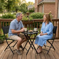 Outsunny 3 Pieces Outdoor Bistro Set, Glass Top Outdoor Table and 2 Folding Chairs with Protecting Feet, Black(m-9)