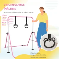 HOMCOM Paralele, Bară de Antrenament cu Înălțime Reglabilă cu 2 Inele și Covoare Antiderapante, 148x105x88-128 cm, Roz(m-5)