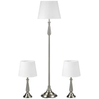 HOMCOM 3-częściowy zestaw lamp w stylu retro, 2 lampy stołowe, 1 lampa podłogowa, 35,5 cm x 35,5 cm x 146 cm, Srebrny + Biały(m-1)