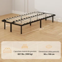 HOMCOM Bază de Pat Industrială cu 28 de Lamele și Spațiu de Depozitare, din Lemn și Oțel, 190x90x31 cm, Negru și Lemn(m-3)