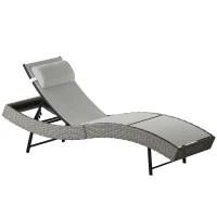 Outsunny Rattan Sun Lounger, Garden Recliner with 5 Position Adjustable Back, S Shaped Texteline Seat, Headrest, Light Grey(m-1)