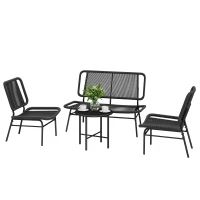 Outsunny Conjunto Jardim de Vime com 4 Peças Inclui Sofá de 2 Lugares 2 Poltronas e Mesa de Centro com Tampo Metálico Preto(m-11)