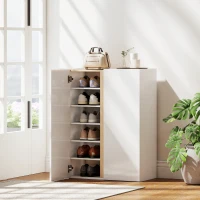 HOMCOM Sapateira de 6 Níveis com 2 Portas em Branco Brilhante com Fechamento Suave e Prateleiras Ajustáveis 70x33,5x95 cm Branco(m-9)