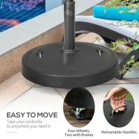 Outsunny 25kg Resin Garden Parasol Base with Wheels and Retractable Handles, Round Outdoor Market Umbrella Stand Weight for Poles of Φ38mm to Φ48mm, Black(m-5)