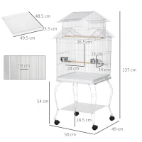 PawHut Colivie pentru Păsări cu Roți Colivie Mare cu Suport și Raft pentru Nimfă Conură de Soare 50x49x137 cm Alb(m-3)