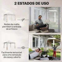 Outsunny Pérgola para Jardim 3x3,6 m com Telhado Duplo Paredes de Rede UPF50+ Estrutura Metálica Creme e Teca(m-5)