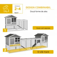 PawHut Adapost din Lemn pentru Iepuri  pentru Exterior cu 2 Custi si Zona Deschisa Imprejmuita cu Usi si Rampe, 259x64x92 cm, Gri(m-6)