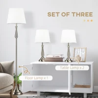 HOMCOM 3-częściowy zestaw lamp w stylu retro, 2 lampy stołowe, 1 lampa podłogowa, 35,5 cm x 35,5 cm x 146 cm, Srebrny + Biały(m-4)