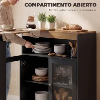 HOMCOM Mesa de Bar Extensible y Giratoria 90° con Estantes Abiertos y 2 Puertas de Vidrio 150x80x105,5 cm Negro y Natural(m-7)