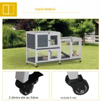 PawHut Cușcă de Lemn cu Roți 147x45,5x88,5 cm Jaulă pentru Iepuri de 2 Etaje cu Acoperiș Deschis 2 Curți din Metal 3 Tăvi Detașabile 3 Uși cu Sistem de Închidere și Rampă Gri(m-4)