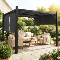 Outsunny Pergola de jardin 3 x 3 m tonnelle de jardin avec Auvent coulissant, structure métallique, pour extérieur, Gris Foncé(m-2)