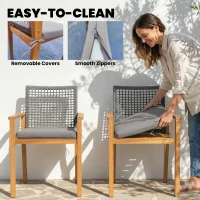 Outsunny Lot de 2 chaises de jardin en acacia certifié FSC empilables, chaises en bois avec dossier en rotin, coussins amovibles, accoudoirs(m-4)