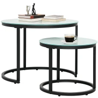 HOMCOM Glass Coffee Table Set of 2, Round Nest of Tables with Marble-Effect Tempered Glass Tabletop and Steel Frame, Modern Side Tables for Living Room, White(m-11)