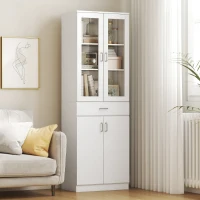 HOMCOM Bufet înalt pentru bucătărie, dulap de bucătărie, 4 uși dintre care 2 din sticlă, sertare, etajere reglabile, 60x35x180cm, alb(m-5)