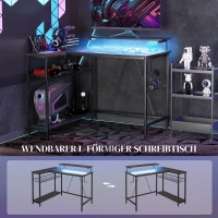 HOMCOM L-vormig bureau met LED, stopcontacten, USB, computertafel met plank, 107 x 80 x 90 cm, Zwart(m-6)